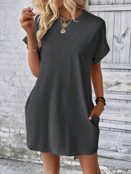 Round Neck Short Sleeve Mini Tee Dress with Pockets