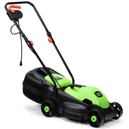 13 Inch Electric Push Lawn Corded Mower with Grass Bag-Green