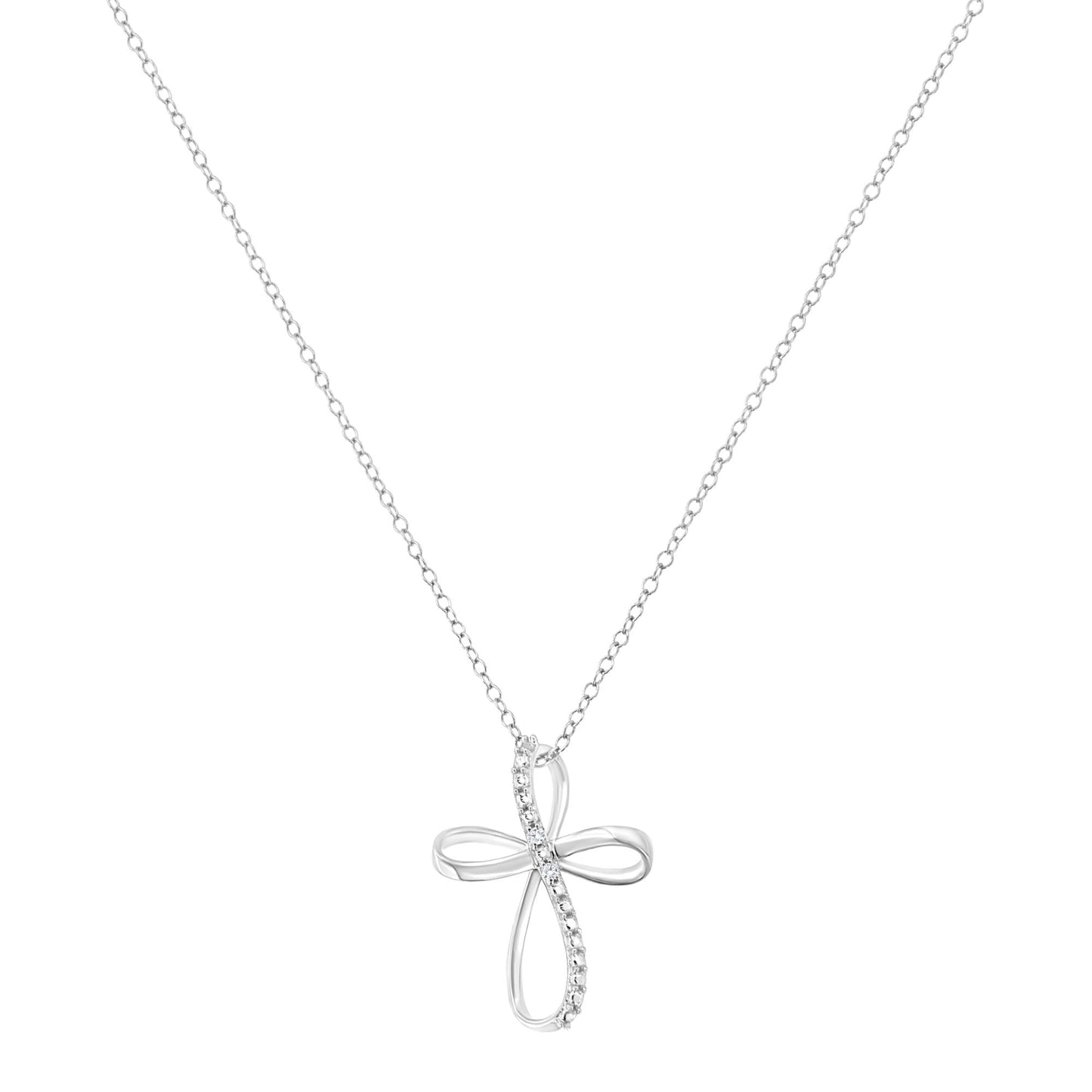 .925 Sterling Silver Diamond Accent Cross Ribbon 18" Pendant Necklace (I-J Color, I2-I3 Clarity) by Haus of Brilliance