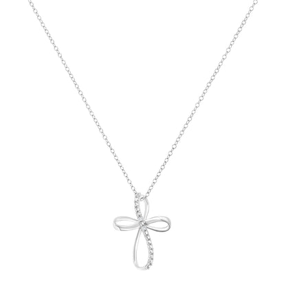 .925 Sterling Silver Diamond Accent Cross Ribbon 18" Pendant Necklace (I-J Color, I2-I3 Clarity) by Haus of Brilliance