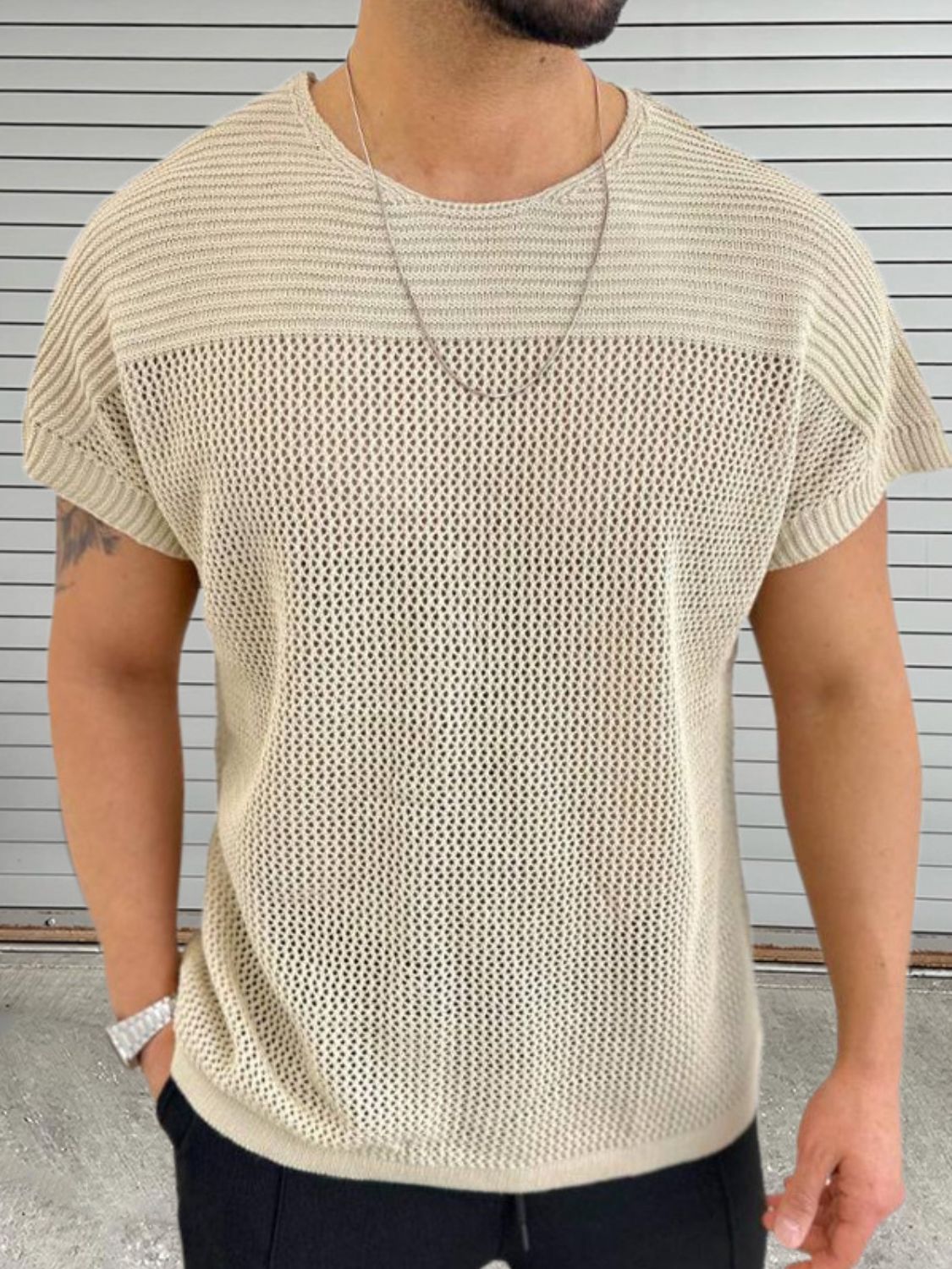 Men's Eyelet Round Neck Short Sleeve T-Shirt