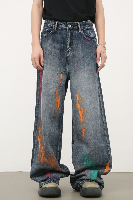 Men's Splash Print Wide Leg Jeans