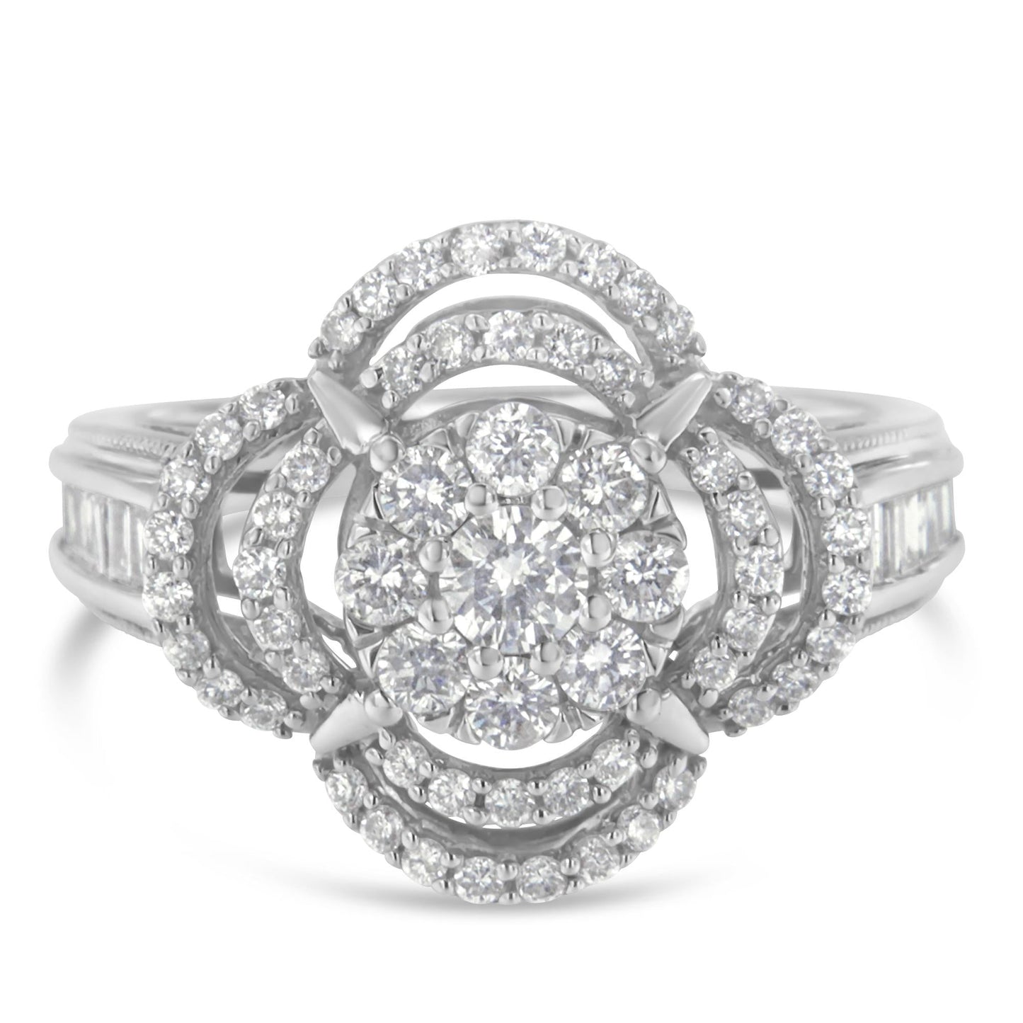 14K White Gold 1.0 Cttw Round & Baguette Cut Diamond Floral Cluster Quatrefoil Channel Set Band Cocktail Statement Ring (H-I Color, SI2-I1 Clarity) by Haus of Brilliance