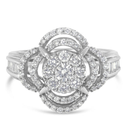 14K White Gold 1.0 Cttw Round & Baguette Cut Diamond Floral Cluster Quatrefoil Channel Set Band Cocktail Statement Ring (H-I Color, SI2-I1 Clarity) by Haus of Brilliance