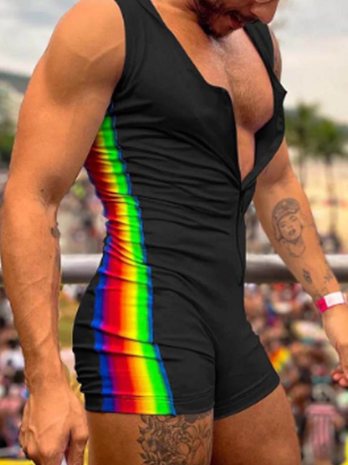 Men's Full Size Contrast Zip Front Sleeveless Active Romper Plus Size