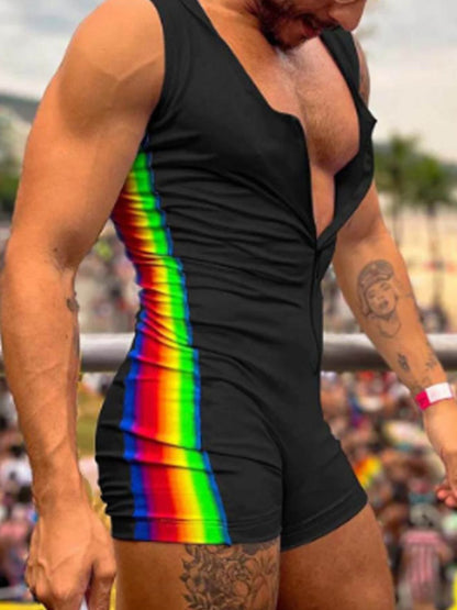 Men's Full Size Contrast Zip Front Sleeveless Active Romper Plus Size