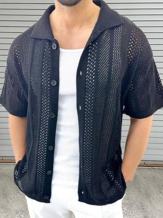 Men's Button Down Collared Neck Hollow Out Shirt