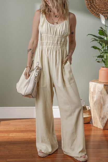 Ruched Sleeveless Wide Leg Jumpsuit