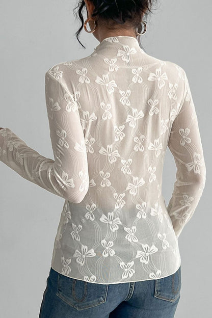 Bow Print Mock Neck Long Sleeve T-Shirt