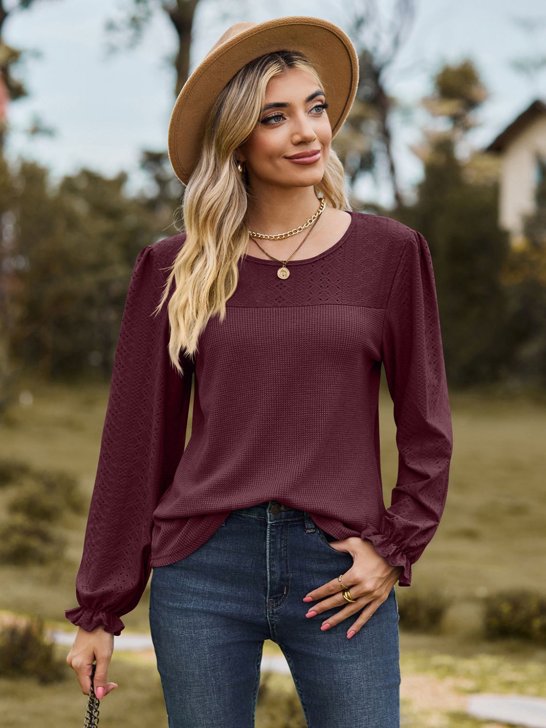 Round Neck Flounce Sleeve Top