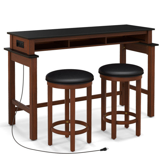 3-Piece Home Bar Set with 2 Upholstered Bar Stools  Outlets and USB Ports-Black