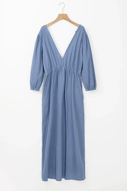 Tied Plunge Three-Quarter Sleeve Denim Dress