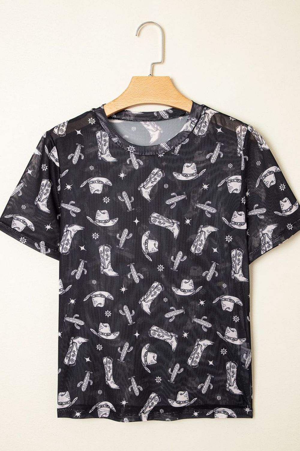 Western Pattern Mesh Sheer Crew Neck Top