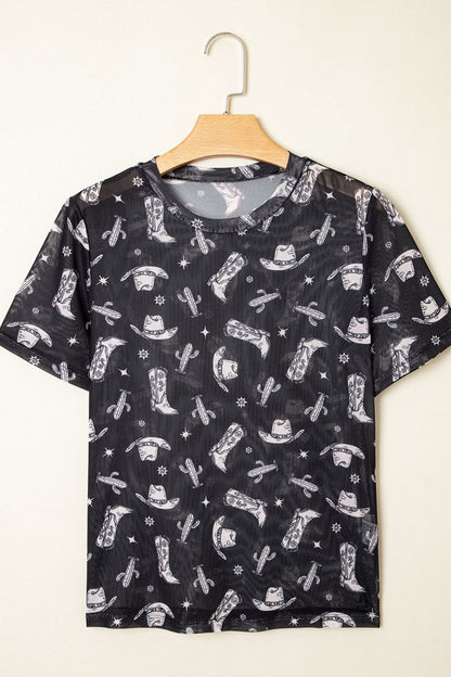 Western Pattern Mesh Sheer Crew Neck Top