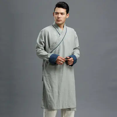 Traditional Chinese Cotton Linen Men's Long Robe Jacket