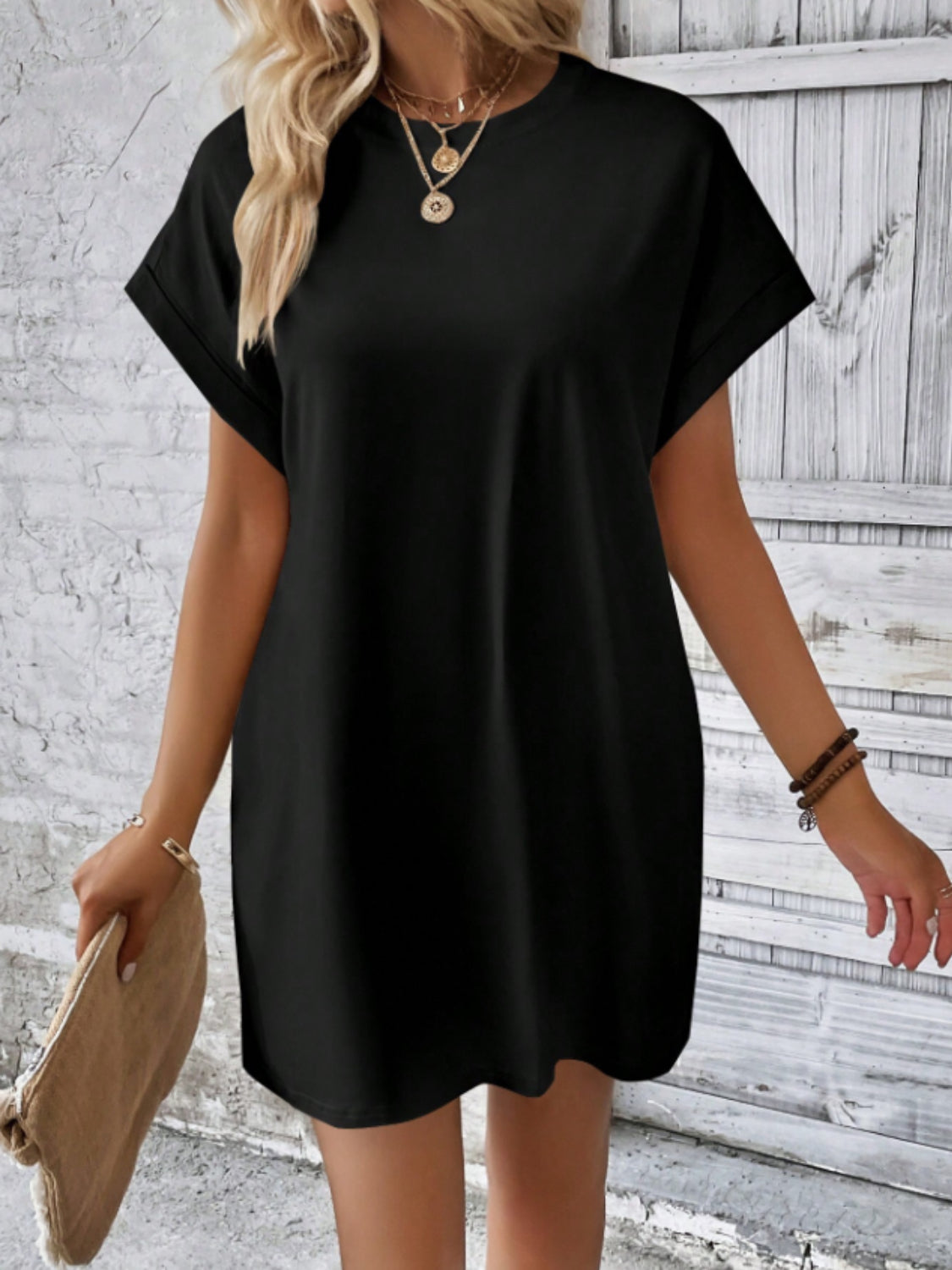 Round Neck Short Sleeve Mini Tee Dress with Pockets