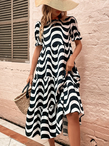 Wavy Striped Round Neck Short Sleeve Dress