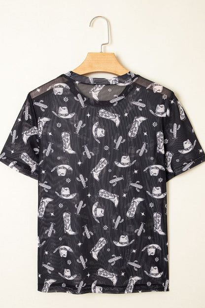 Western Pattern Mesh Sheer Crew Neck Top