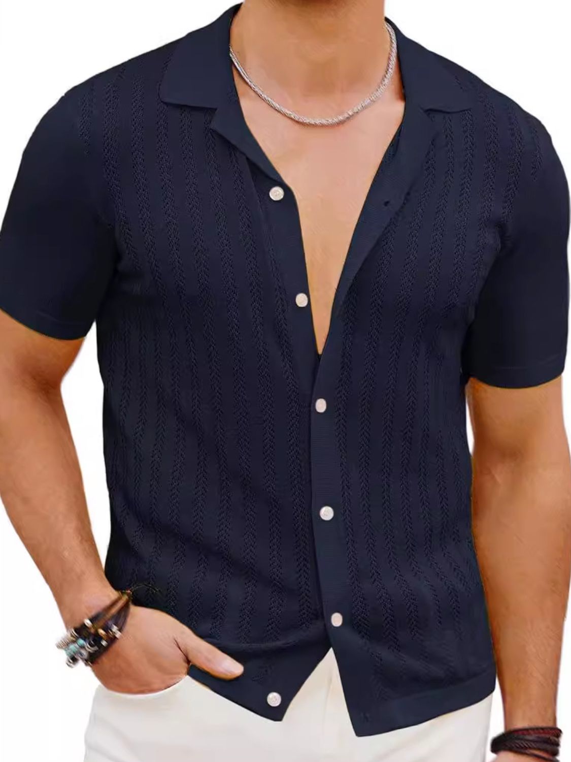 Men's Full Size Openwork Button Down Short Sleeve Shirt Plus Size