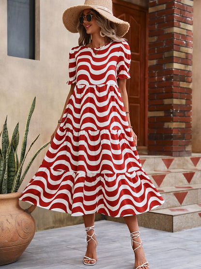 Wavy Striped Round Neck Short Sleeve Dress