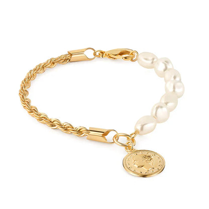 RMZ GOLD NYC 18K Gold Rope & Pearl Anklet with Coin Charm - 10 Inches