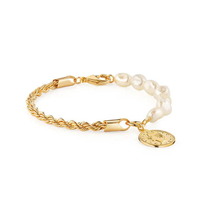 RMZ GOLD NYC 18K Gold Rope & Pearl Anklet with Coin Charm - 10 Inches