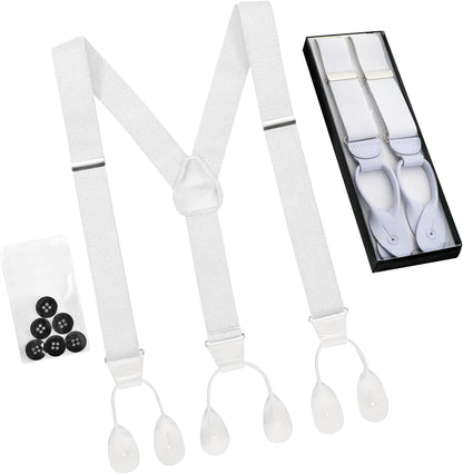 HOLD'EM Tuxedo Suspenders for Men Black Genuine Leather Button End 1.25 Inches Mens Braces Suspenders
