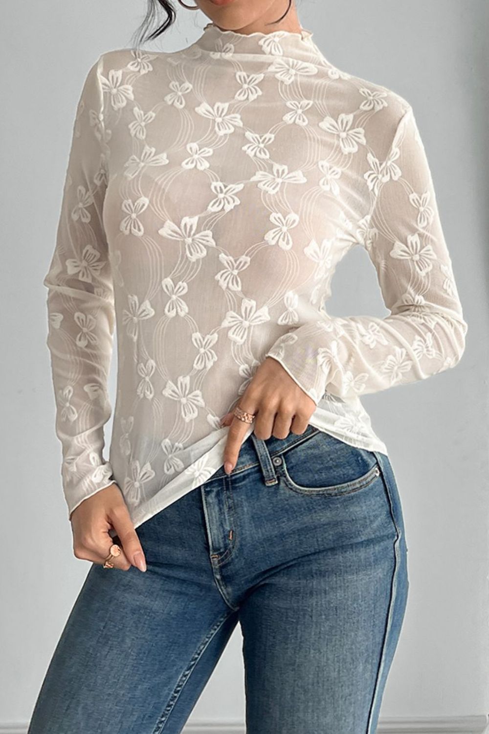 Bow Print Mock Neck Long Sleeve T-Shirt