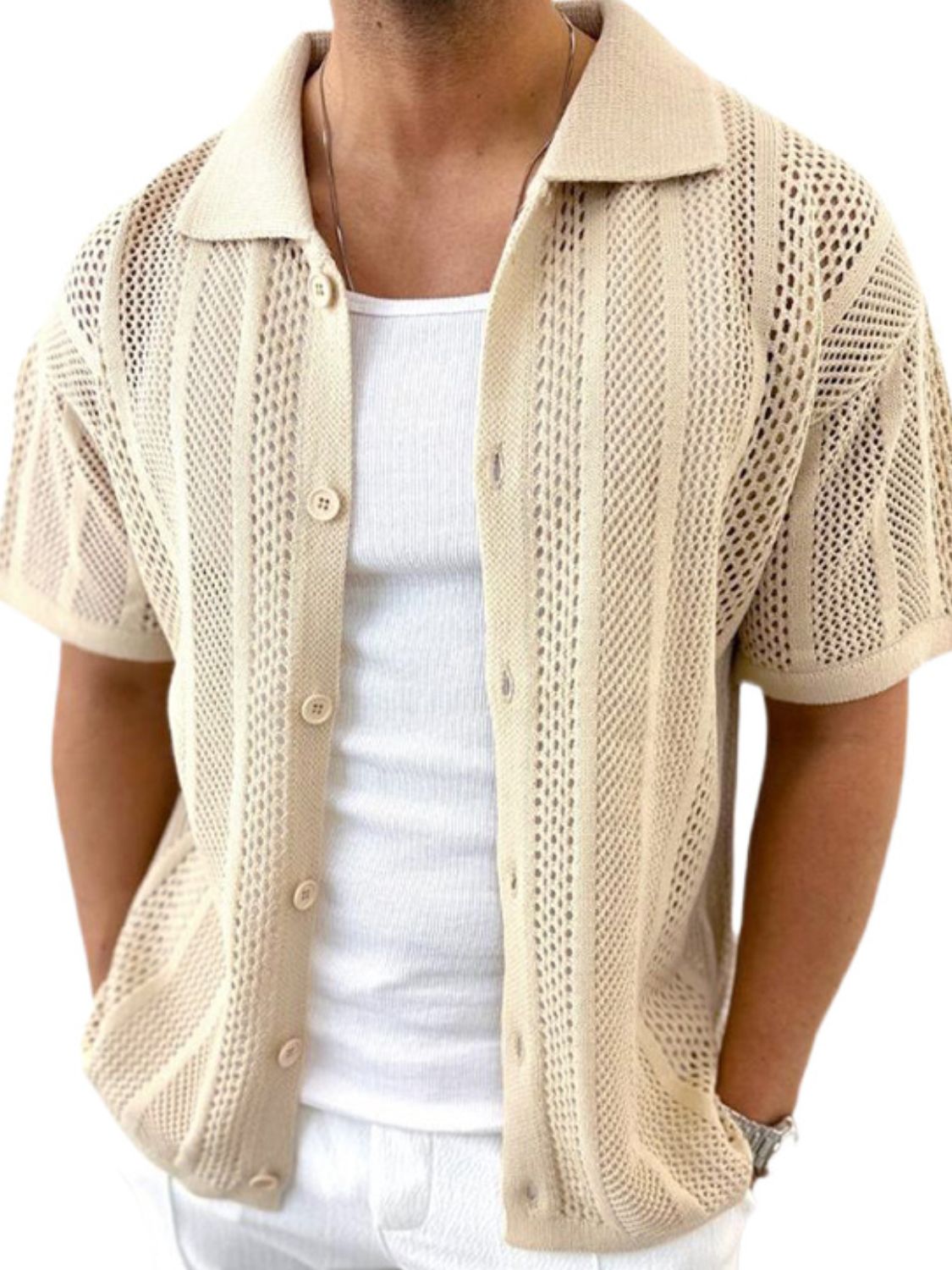 Men's Button Down Collared Neck Hollow Out Shirt