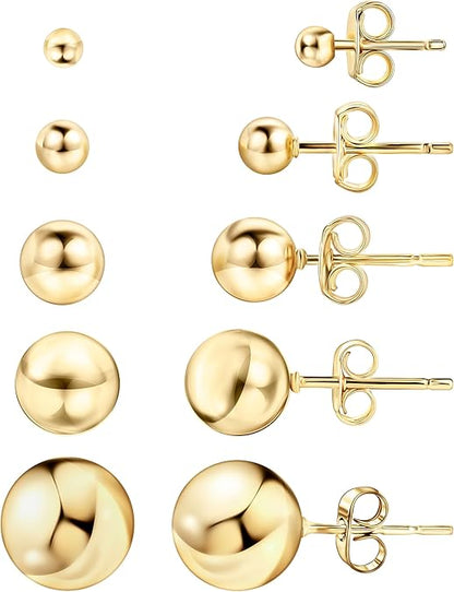 14k Gold Ball Stud Earrings Set, Sizes 3-14MM, High Polish Finish Ball Suds