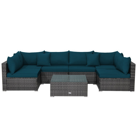 7 Pieces Patio Rattan Furniture Set with Sectional Sofa Cushioned-Green