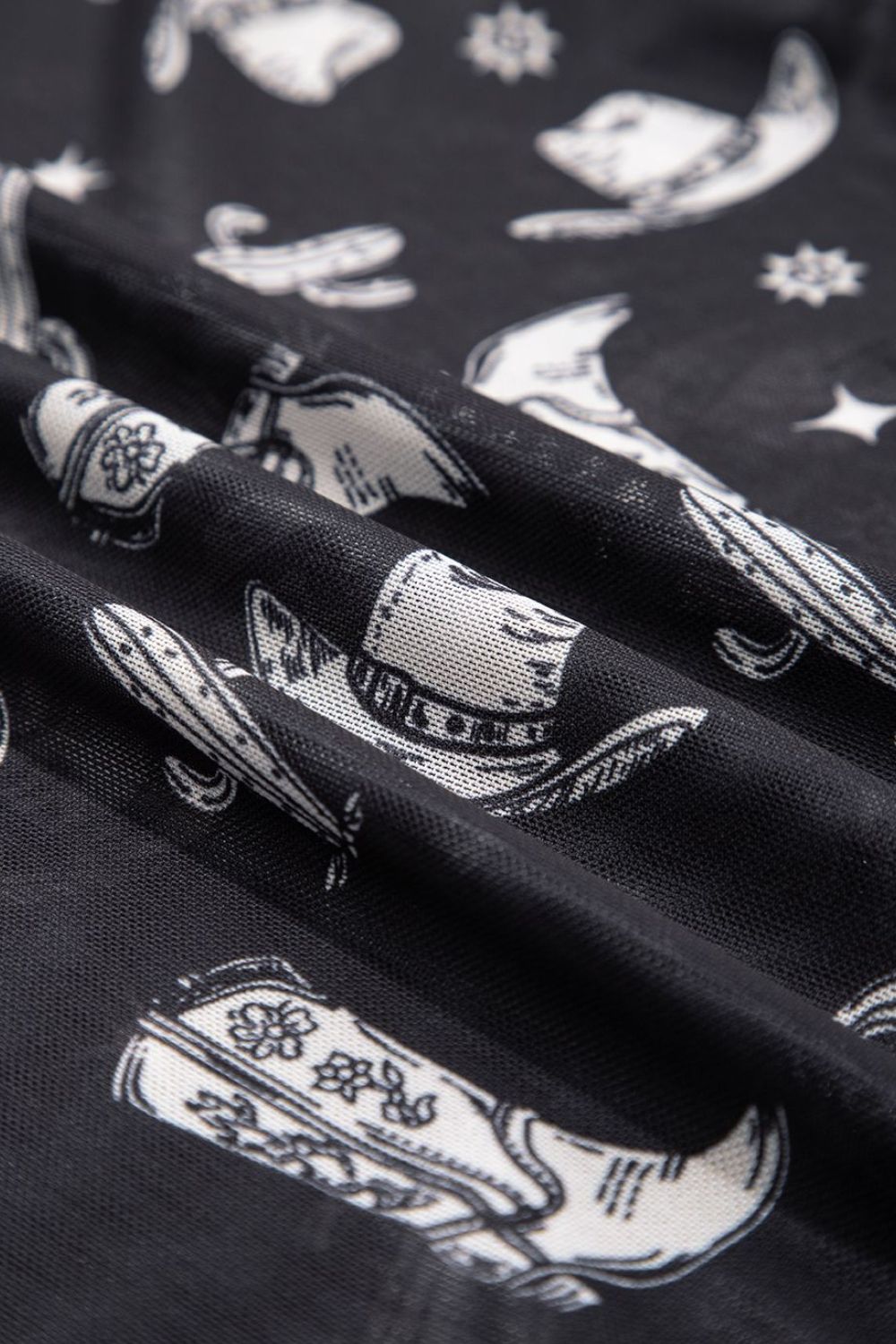 Western Pattern Mesh Sheer Crew Neck Top