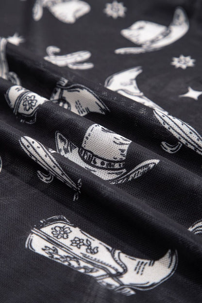 Western Pattern Mesh Sheer Crew Neck Top