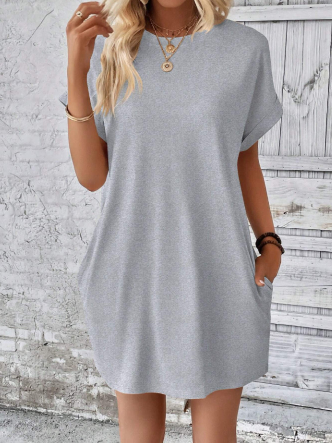 Round Neck Short Sleeve Mini Tee Dress with Pockets