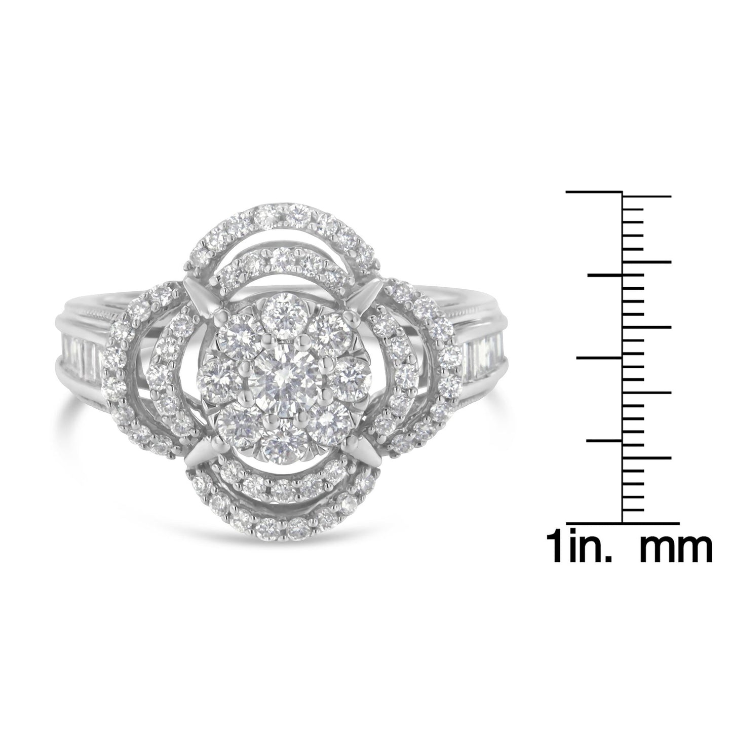 14K White Gold 1.0 Cttw Round & Baguette Cut Diamond Floral Cluster Quatrefoil Channel Set Band Cocktail Statement Ring (H-I Color, SI2-I1 Clarity) by Haus of Brilliance