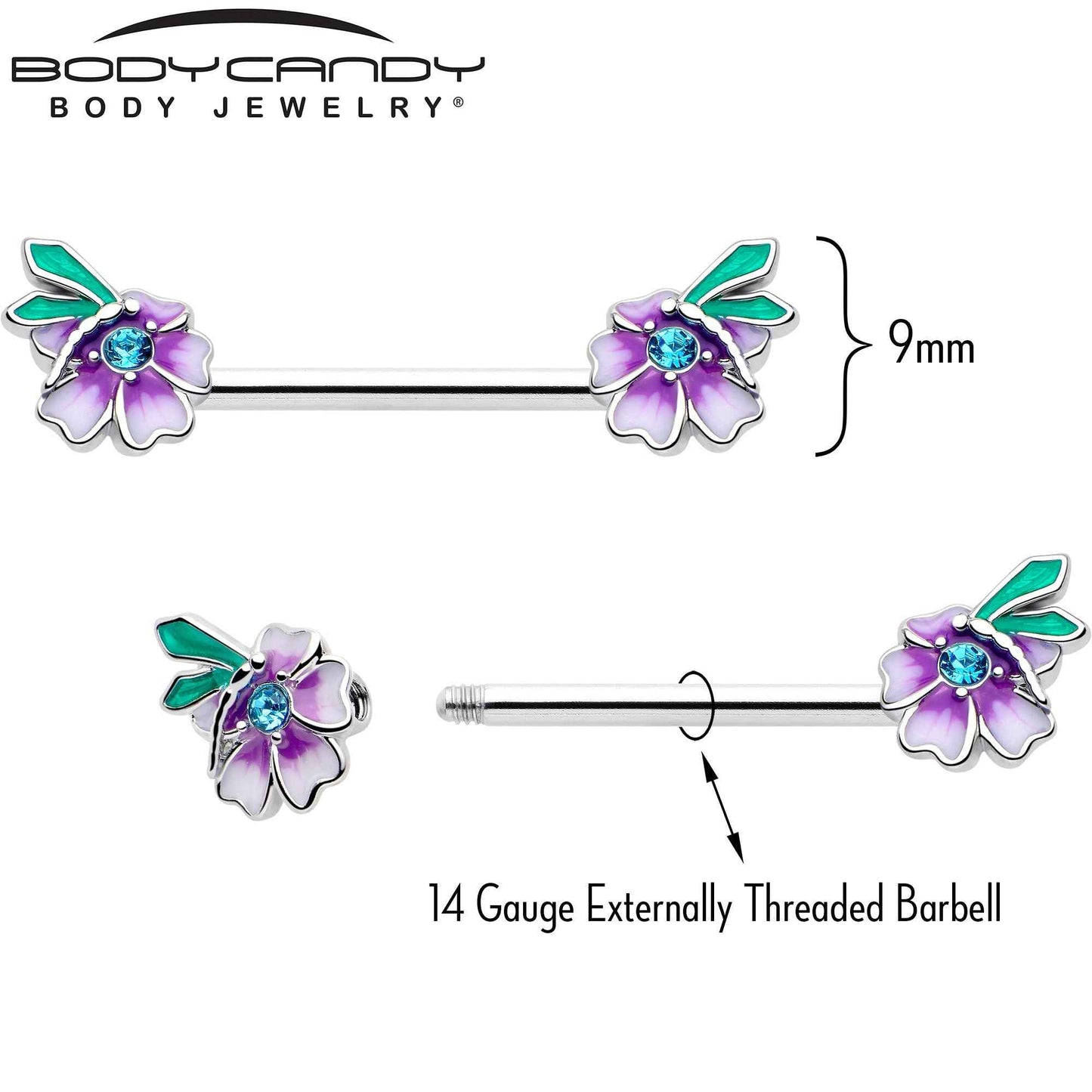 14G 9/16 Blue Gem Faerie Flower Purple Barbell Nipple Ring Set