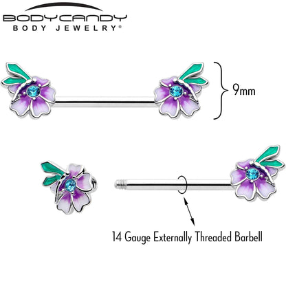 14G 9/16 Blue Gem Faerie Flower Purple Barbell Nipple Ring Set