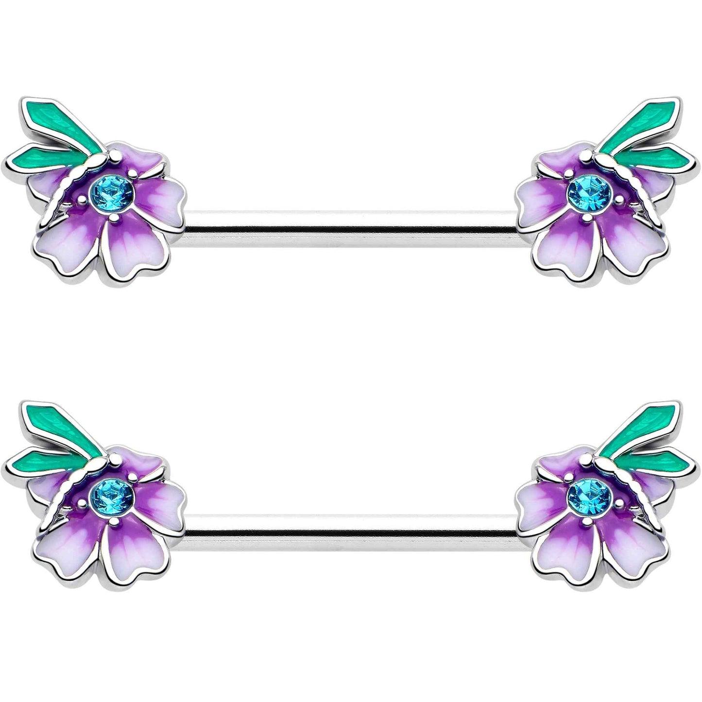 14G 9/16 Blue Gem Faerie Flower Purple Barbell Nipple Ring Set
