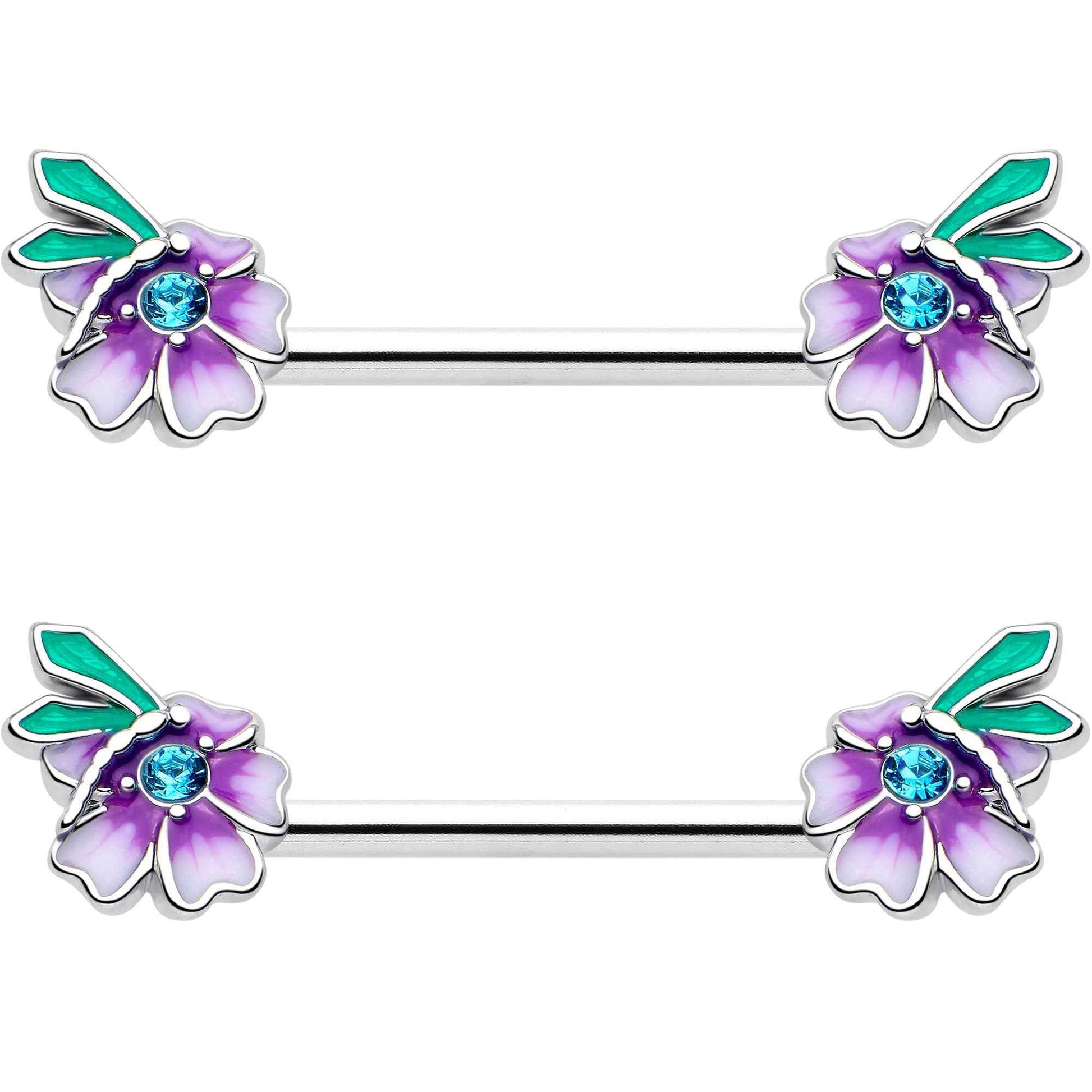 14G 9/16 Blue Gem Faerie Flower Purple Barbell Nipple Ring Set