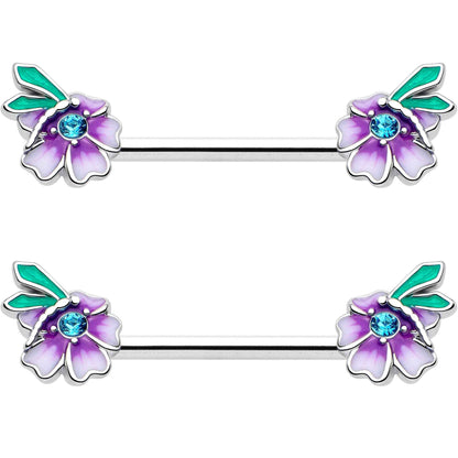 14G 9/16 Blue Gem Faerie Flower Purple Barbell Nipple Ring Set