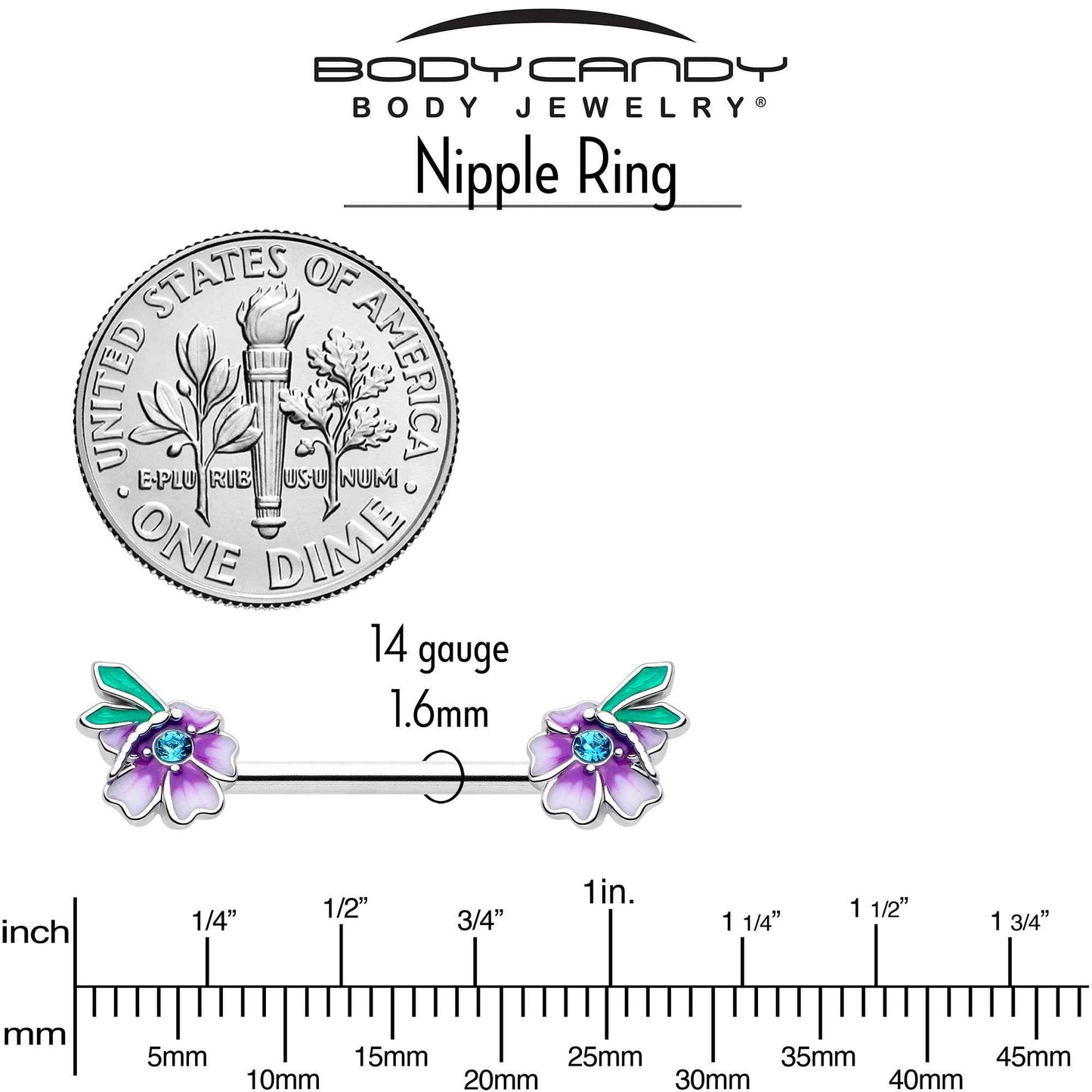 14G 9/16 Blue Gem Faerie Flower Purple Barbell Nipple Ring Set