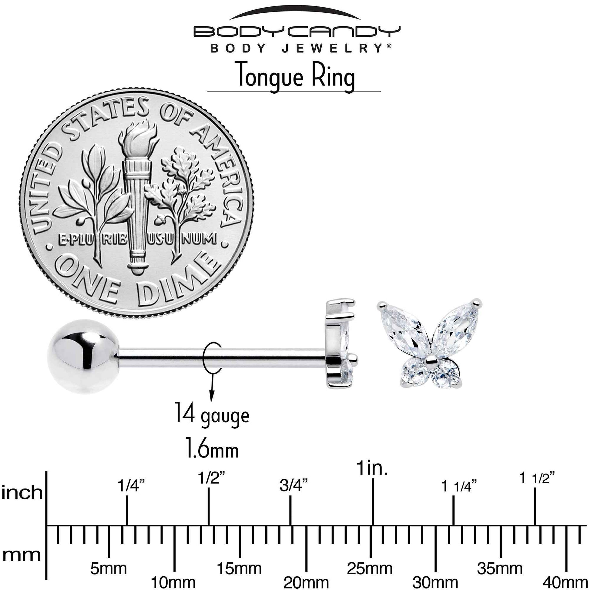 Clear CZ Gem Open Wing Butterfly Barbell Tongue Ring