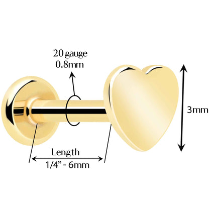 14k Solid Yellow Gold 3mm Heart Threadless Push In Flat Back Stud
