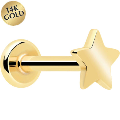 14k Solid Yellow Gold 3mm Star Threadless Push In Flat Back Stud