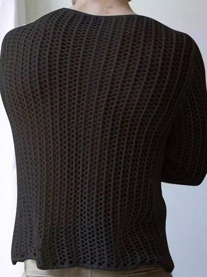 Men's Full Size Hollow Out Round Neck Long Sleeve Top Plus Size