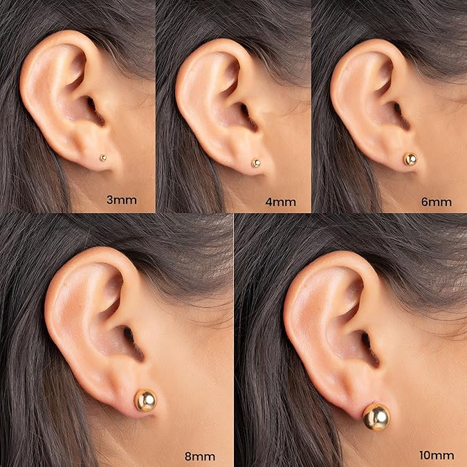 14k Gold Ball Stud Earrings Set, Sizes 3-14MM, High Polish Finish Ball Suds