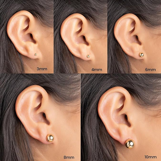 14k Gold Ball Stud Earrings Set, Sizes 3-14MM, High Polish Finish Ball Suds