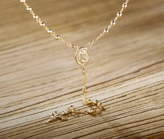 RMZ GOLD NYC 14K Gold Virgin Mary Rosary Bead Cross Necklace 18''