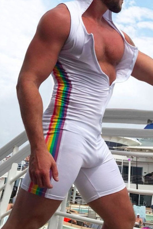 Men's Full Size Contrast Zip Front Sleeveless Active Romper Plus Size