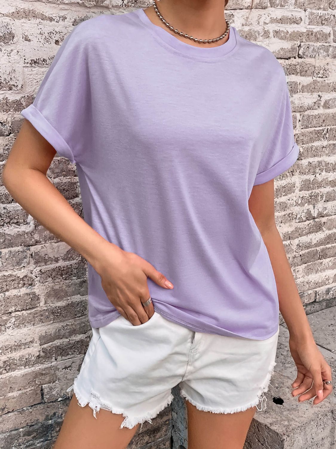Perfee Round Neck Cuffed Sleeve T-Shirt